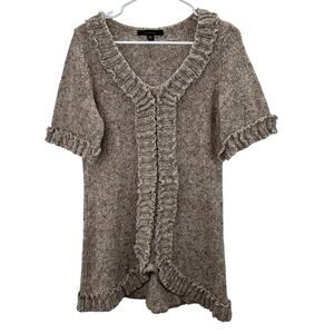 Fever Ruffled Tunic Sweater L Oatmeal Tan Short Sleeve Fairy Boho Cottage